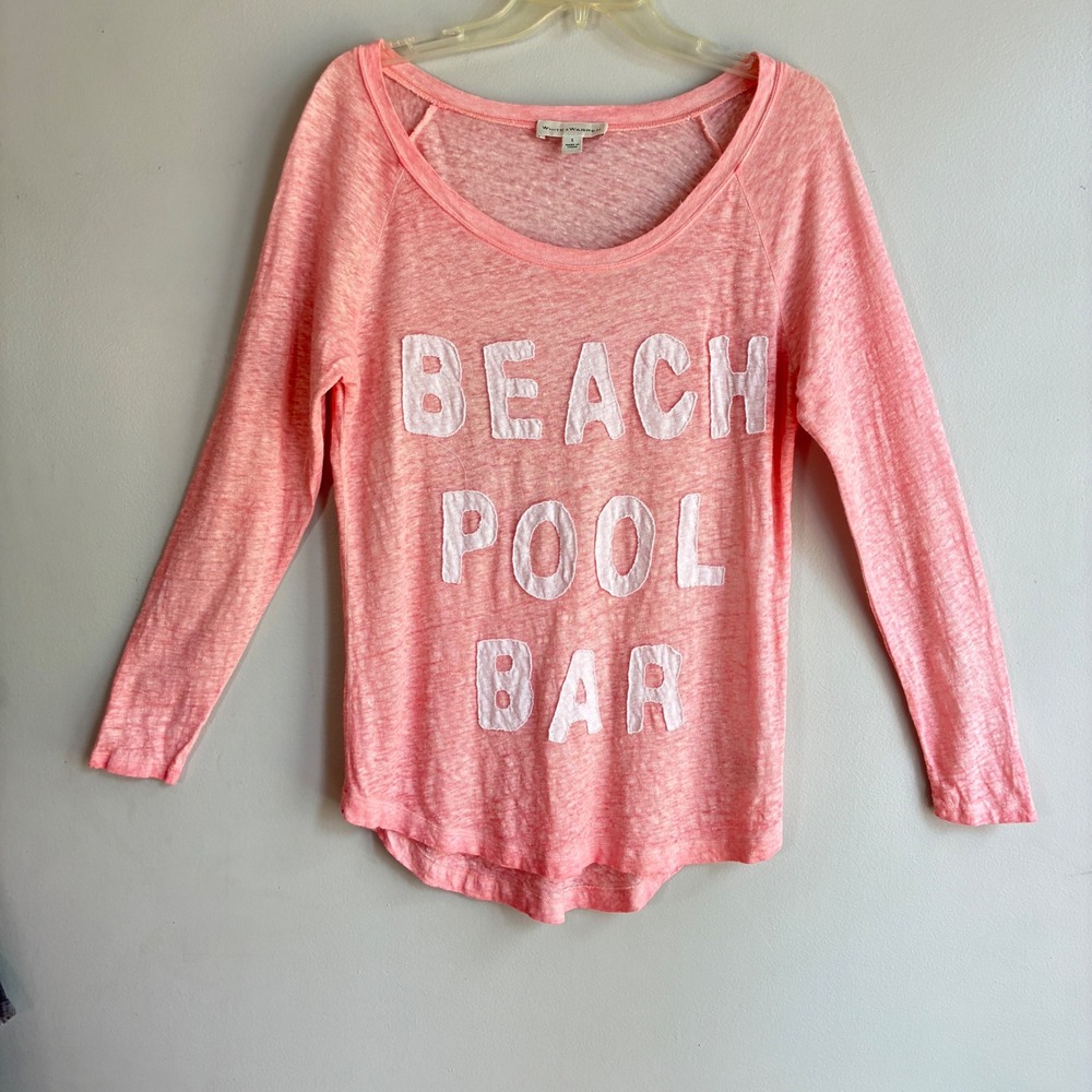 White +‎ Warren Beach Pool Bar Top Womens Small Pink Linen Long SleeveCoastal